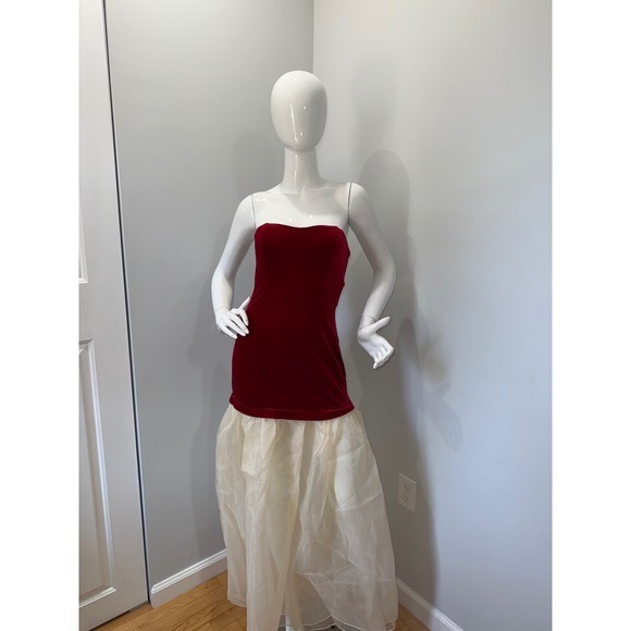 Commense Semi-Sheer‎  Velvet Strapless Red Corset Tulle Dress Formal Party Prom - Picture 6 of 8